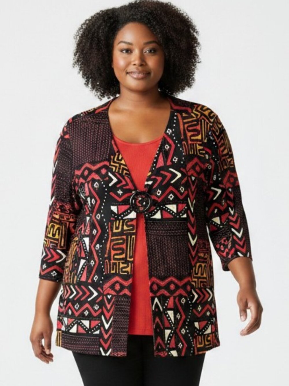 Maggie Barnes Size 3X Geometric Twofer Top Red/Black/Yellow/Cream 3/4 sleeve